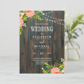 LeahG Rustic Wood Peach Koral Wedding Kaart (Staand voorkant)
