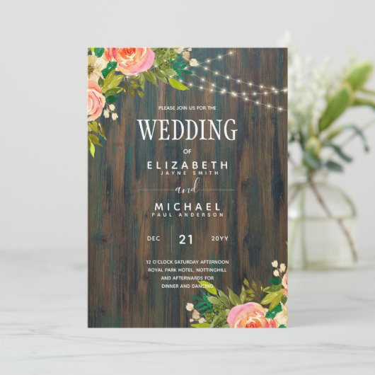 LeahG Rustic Wood Peach Koral Wedding Kaart (Staand voorkant)