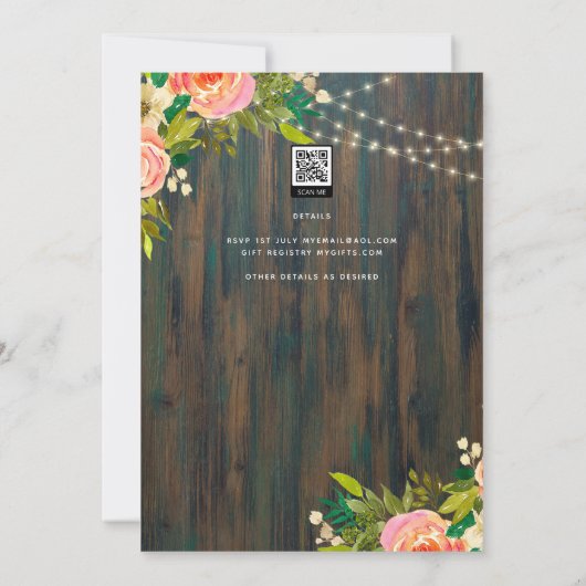 LeahG Rustic Wood Peach Koral Wedding Kaart (Achterkant)