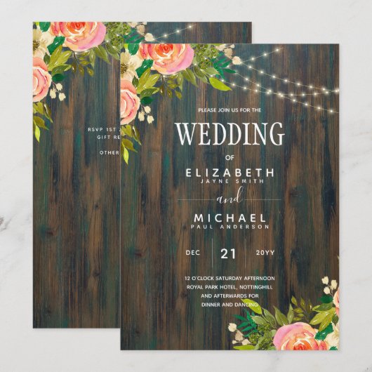 LeahG Rustic Wood Peach Koral Wedding Kaart (Voorkant / Achterkant)