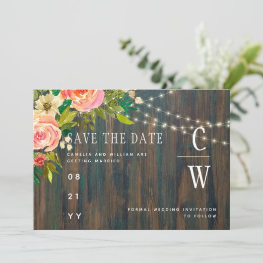 LeahG Rustic Wood Peach Koral Wedding Save The Date (Staand voorkant)