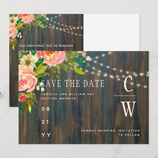 LeahG Rustic Wood Peach Koral Wedding Save The Date (Voorkant / Achterkant)