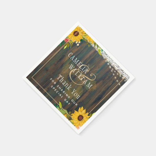 LeahG Rustische Zonnebloemen Kant Lichtjes Houten Servet (Hoek)