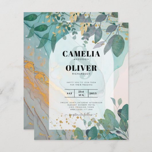 LeahG Seaglass Ink Blauwgroen Gold Greenery Weddin (Voorkant / Achterkant)