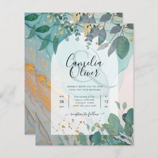 LeahG Seaglass Ink Blauwgroen Gold Greenery Weddin (Voorkant / Achterkant)
