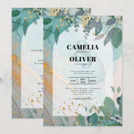 LeahG Seaglass Ink Blauwgroen Gold Greenery Weddin Kaart