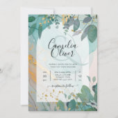 LeahG Seaglass Ink Blauwgroen Gold Greenery Weddin Kaart (Voorkant)