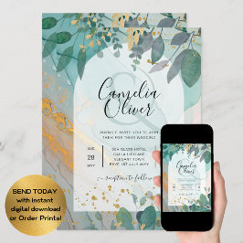 LeahG Seaglass Ink Blauwgroen Gold Greenery Weddin Kaart