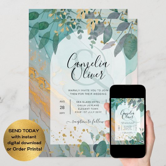 LeahG Seaglass Ink Blauwgroen Gold Greenery Weddin Kaart