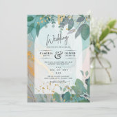 LeahG Seaglass Inkt Teal Goud Groenery Trouw Uitno Kaart (Staand voorkant)