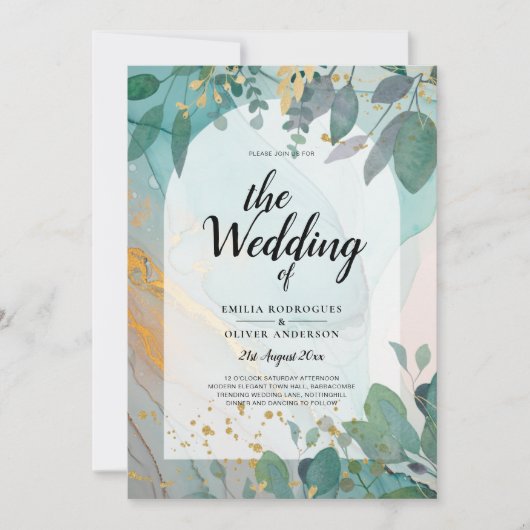 LeahG Seaglass Inkt Teal Goud Groenery Trouw Uitno Kaart (Voorkant)