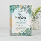 LeahG Seaglass Inkt Teal Goud Groenery Trouw Uitno Kaart (Staand voorkant)