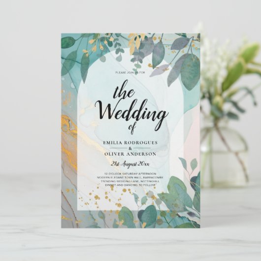 LeahG Seaglass Inkt Teal Goud Groenery Trouw Uitno Kaart (Staand voorkant)