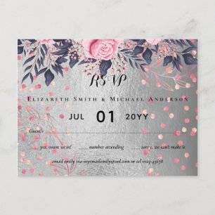 LeahG Silver Navy Rosegold PInk Floral Wedding Briefkaart