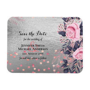LeahG Silver Navy Rosegold PInk Floral Wedding Magneet