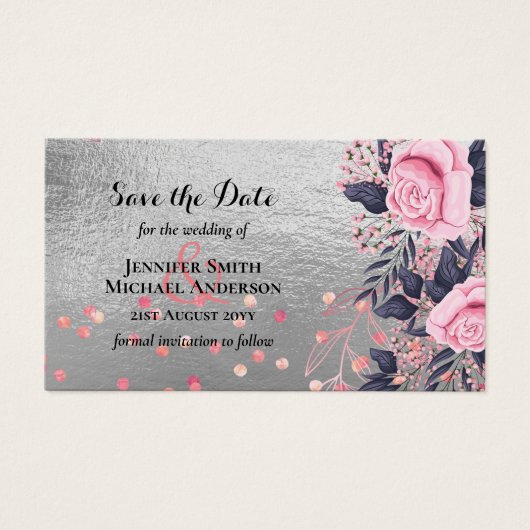 LeahG Silver Navy Rosegold Roze Bloem Bruiloft Visitekaartje (Voorkant)