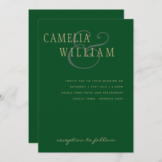 LeahG Smaragdgroene Gouden Moderne Trouw Uitnodigi Kaart (Voorkant / Achterkant)