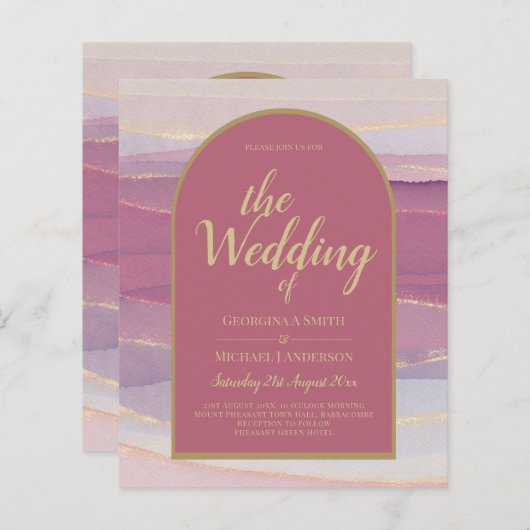 LeahG Stof Roze Lavendel Goud Trouw Uitnodiging (Voorkant / Achterkant)