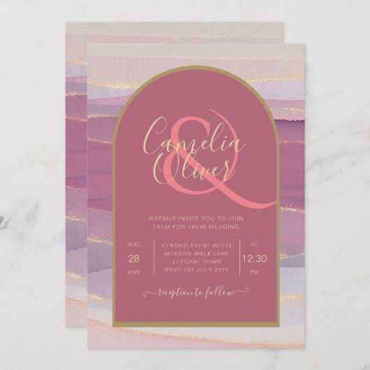 LeahG Stof Roze Lavendel Gouden Trouw Uitnodiging (Voorkant / Achterkant)