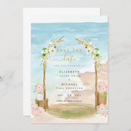 LeahG Strand Kustbestemming Bewaar datum Uitnodigi Kaart (Voorkant / Achterkant)