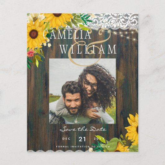 LeahG Sunflower Wedding Rustic Wood Lace Flyer (Voorkant)