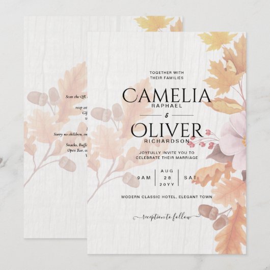 LeahG Terracotta Fall Leaves Wedding Invite Kaart (Voorkant / Achterkant)