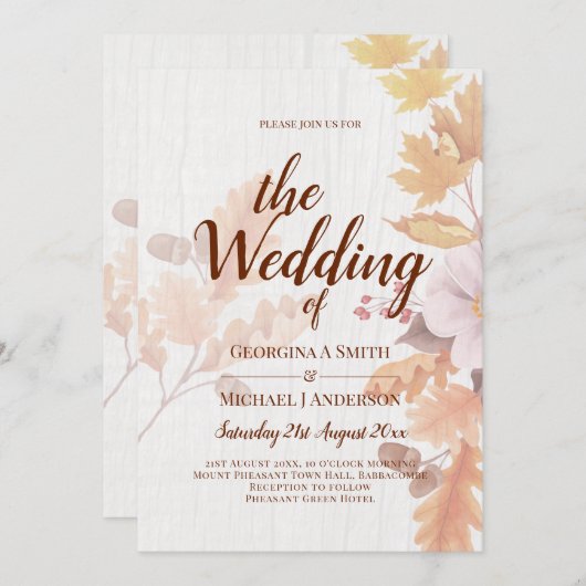 LeahG Terracotta Fall Leaves Wedding Invite Kaart (Voorkant / Achterkant)