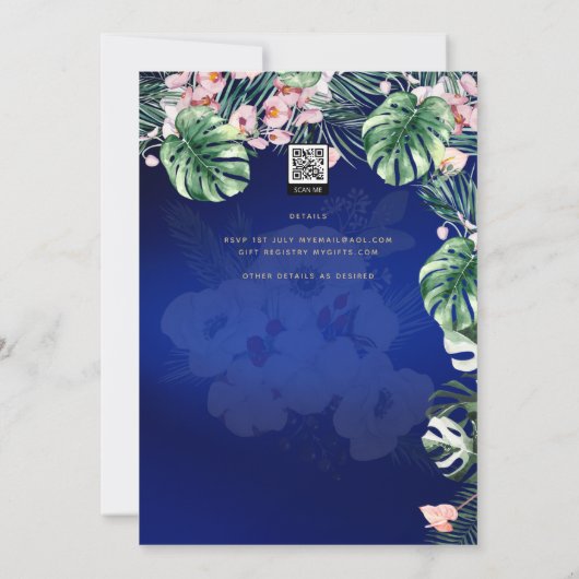 LeahG Tropical Blue Pink Floral Wedding Kaart (Achterkant)