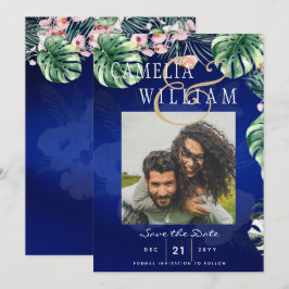 LeahG Tropical Blue Pink Floral Wedding Kaart