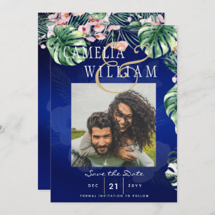 LeahG Tropical Blue Pink Floral Wedding Kaart