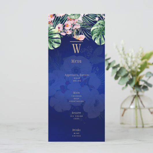 LeahG Tropical Blue Pink Floral Wedding Menu (Staand voorkant)
