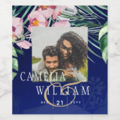 LeahG Tropical Blue Pink Floral Wedding Wijn Etiket (Enkel label)
