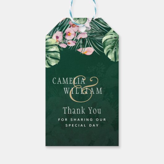 LeahG Tropical Green Pink Botanical Wedding Cadeaulabel (Voorkant)