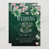 LeahG Tropical Green Pink Botanical Wedding Kaart (Voorkant / Achterkant)