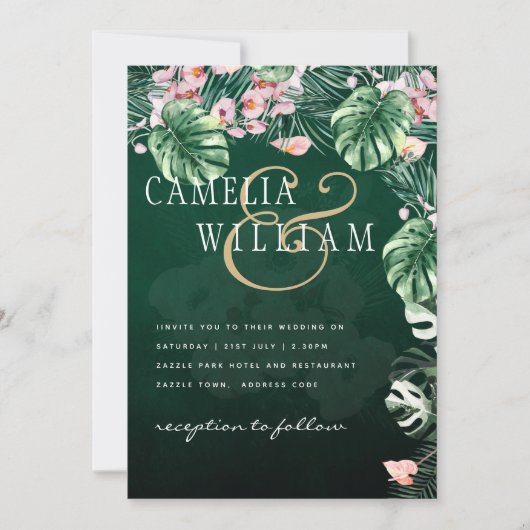 LeahG Tropical Green Pink Botanical Wedding Kaart (Voorkant)