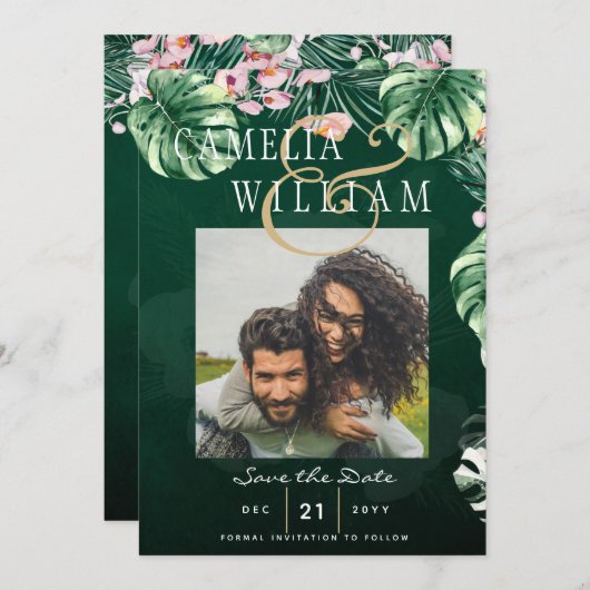 LeahG Tropical Green Pink Botanical Wedding Kaart (Voorkant / Achterkant)