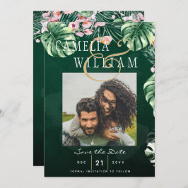 LeahG Tropical Green Pink Botanical Wedding Kaart