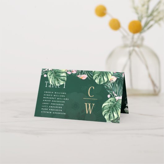 LeahG Tropical Green Pink Botanical Wedding Plaatskaartje (Voorkant)