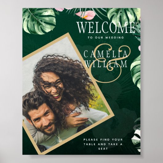 LeahG Tropical Green Pink Botanical Wedding Poster (Voorkant)