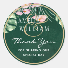 LeahG Tropical Green Pink Botanical Wedding Ronde Sticker