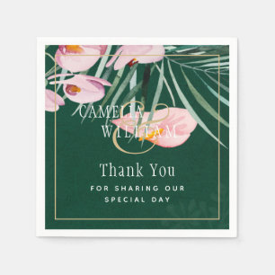LeahG Tropical Green Pink Botanical Wedding Servet