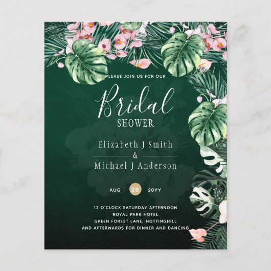 LeahG Tropical Green Pink Floral Leaf Wedding Flyer (Voorkant)