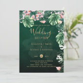 LeahG Tropical Green Pink Floral Leaf Wedding Kaart (Staand voorkant)