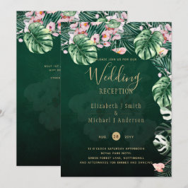 LeahG Tropical Green Pink Floral Leaf Wedding Kaart