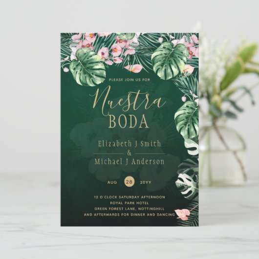 LeahG Tropical Green Pink Floral Leaf Wedding Kaart (Staand voorkant)