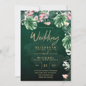 LeahG Tropical Green Pink Floral Leaf Wedding Kaart (Voorkant)