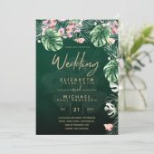 LeahG Tropical Green Pink Floral Leaf Wedding Kaart (Staand voorkant)