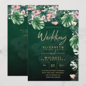 LeahG Tropical Green Pink Floral Leaf Wedding Kaart (Voorkant / Achterkant)