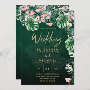 LeahG Tropical Green Pink Floral Leaf Wedding Kaart