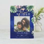 LeahG Tropisch Blauw Groen Roze Bloem Bruiloft Kaart (Staand voorkant)